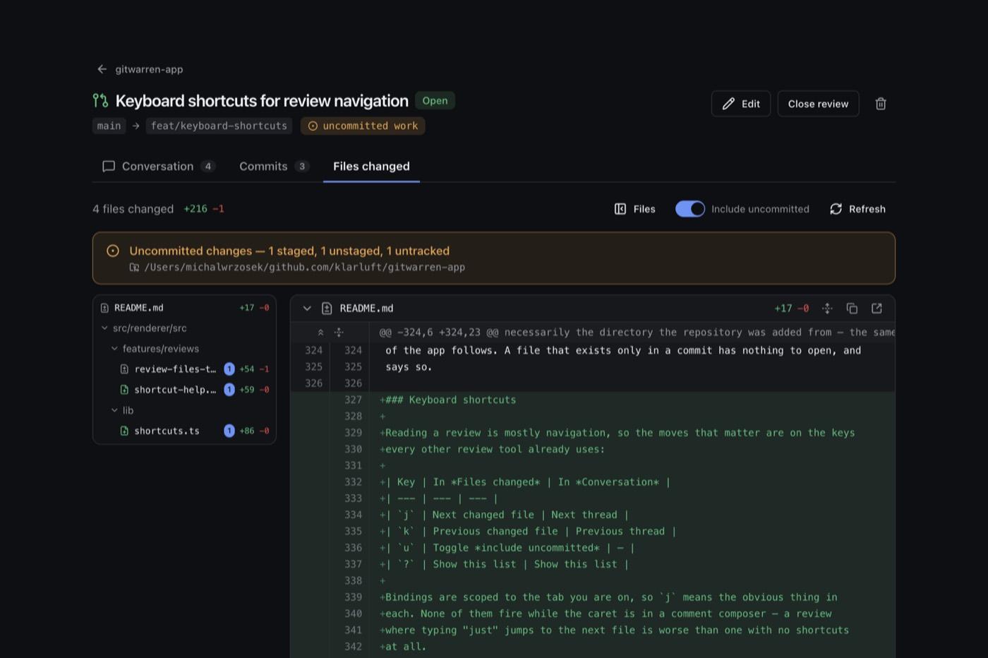 A GitWarren review with staged, unstaged and untracked work folded into one diff